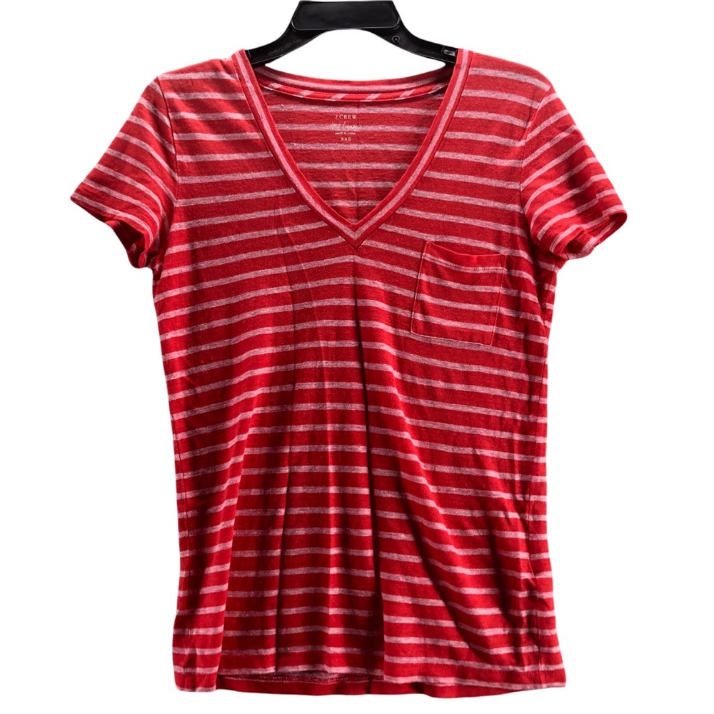 J.Crew XXS love linen t-shirt shirt sleeve v-neck red pink striped